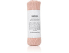 Knitted Salus Cotton Wash Cloth in pink, rolled with paper label