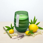Wave Green Coastal Bliss candle with lemons, bamboo, white blossom and dried lavender on pale timber — the fragrance notes