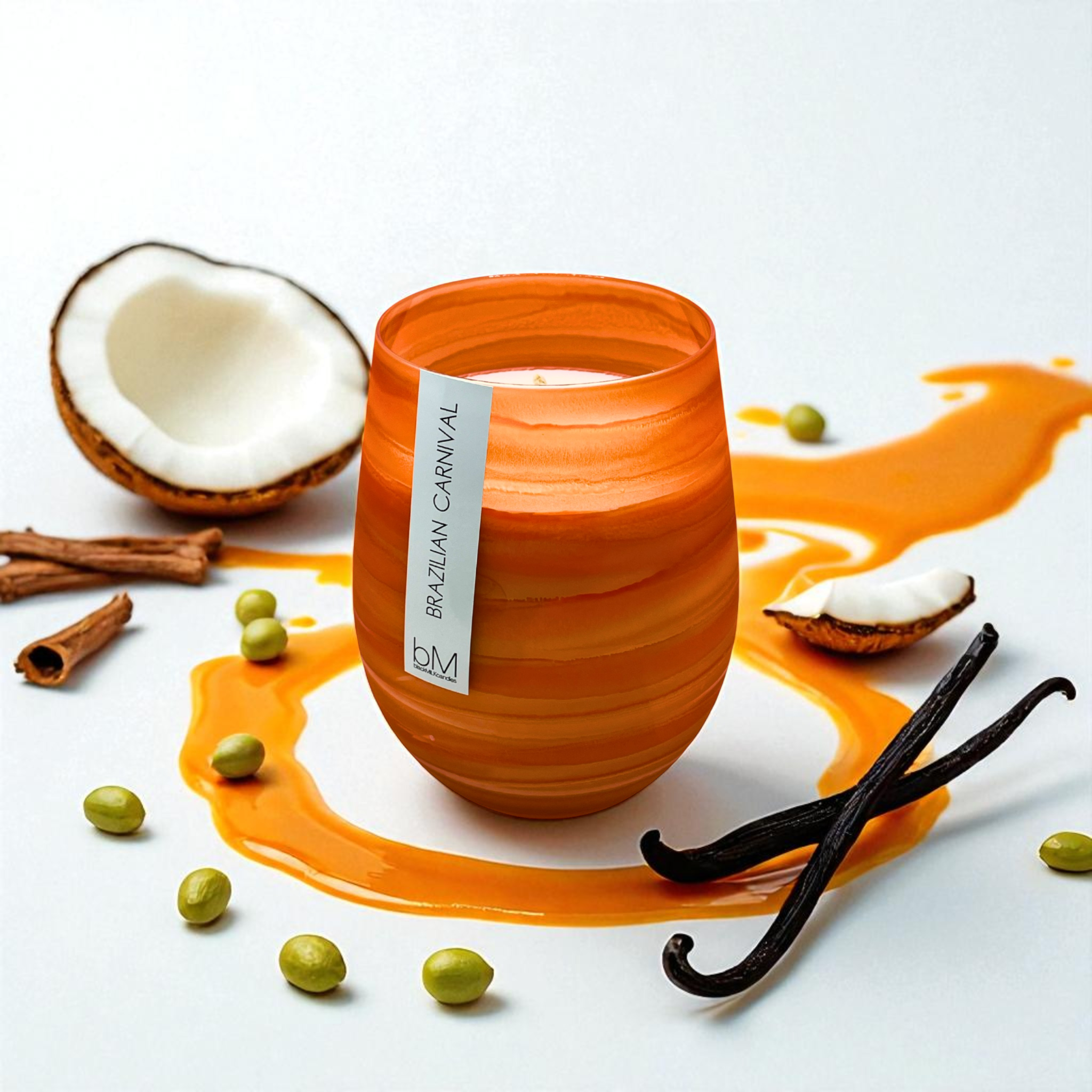 Wave Orange Brazilian Carnival candle with coconut, cinnamon bark, vanilla pods and a caramel swirl — the fragrance notes
