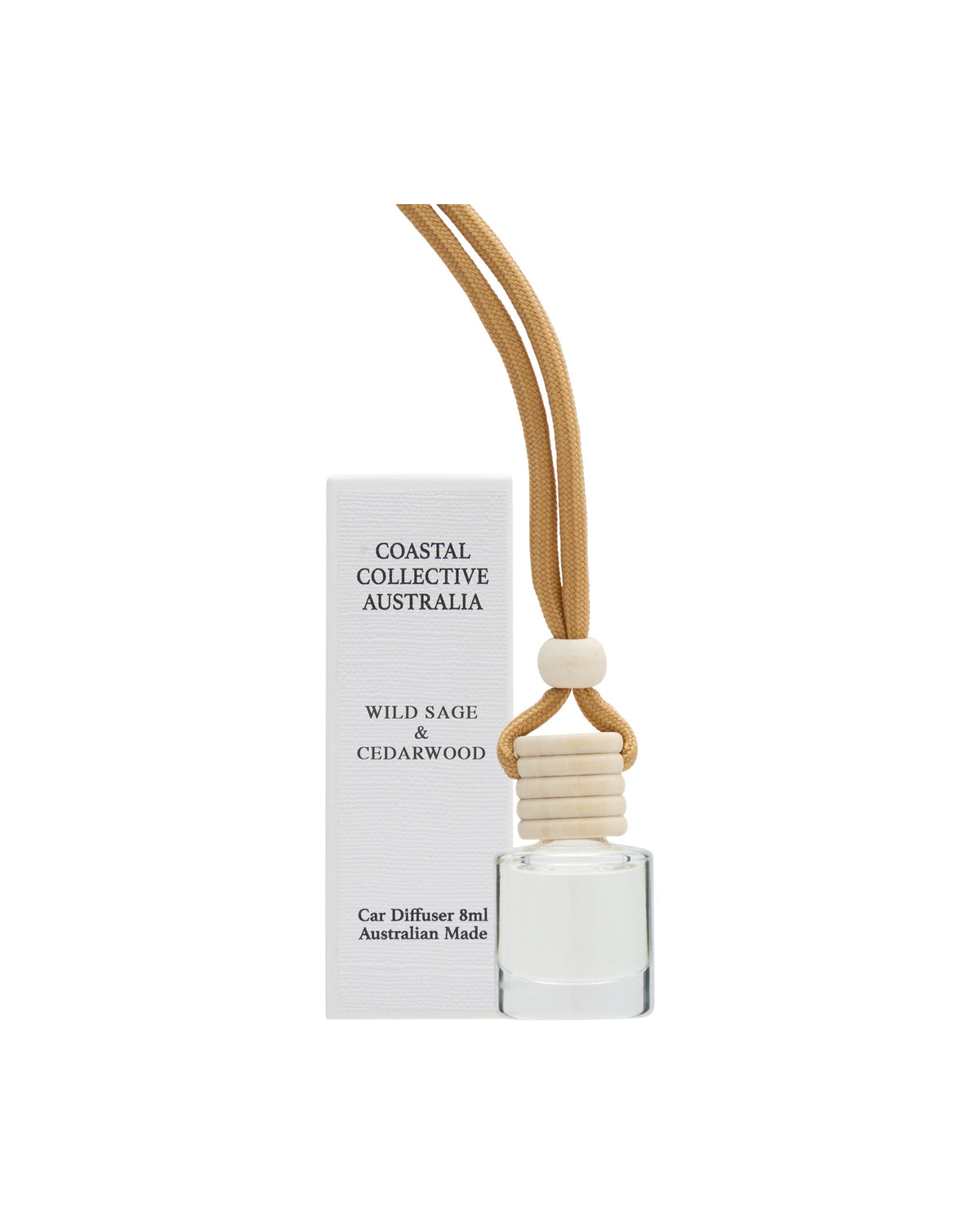Car diffuser in Wild Sage & Cedarwood, bottle on a tan cord beside its box.