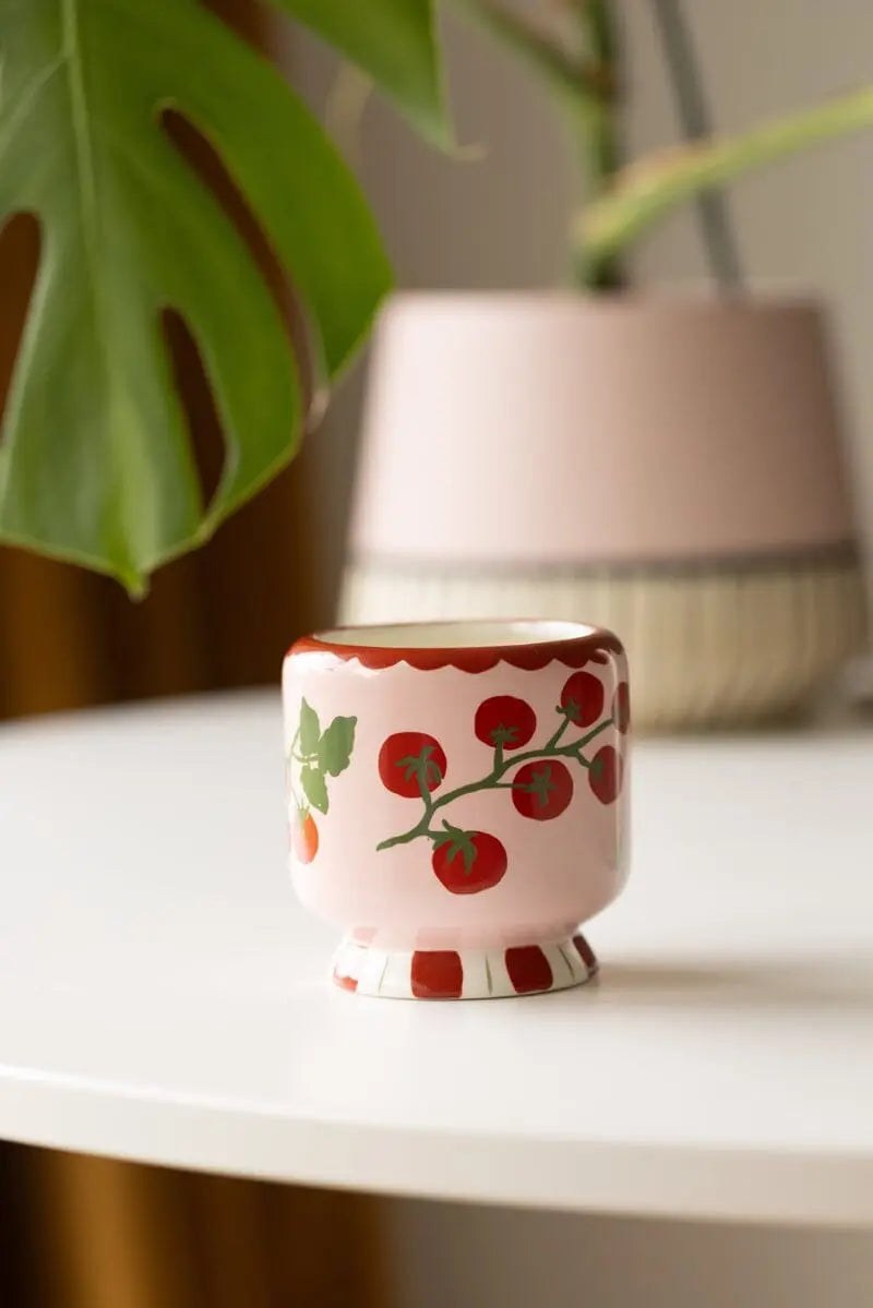The Tomato Vine candle on a white table: red tomatoes on a vine painted on a pink ceramic pot.