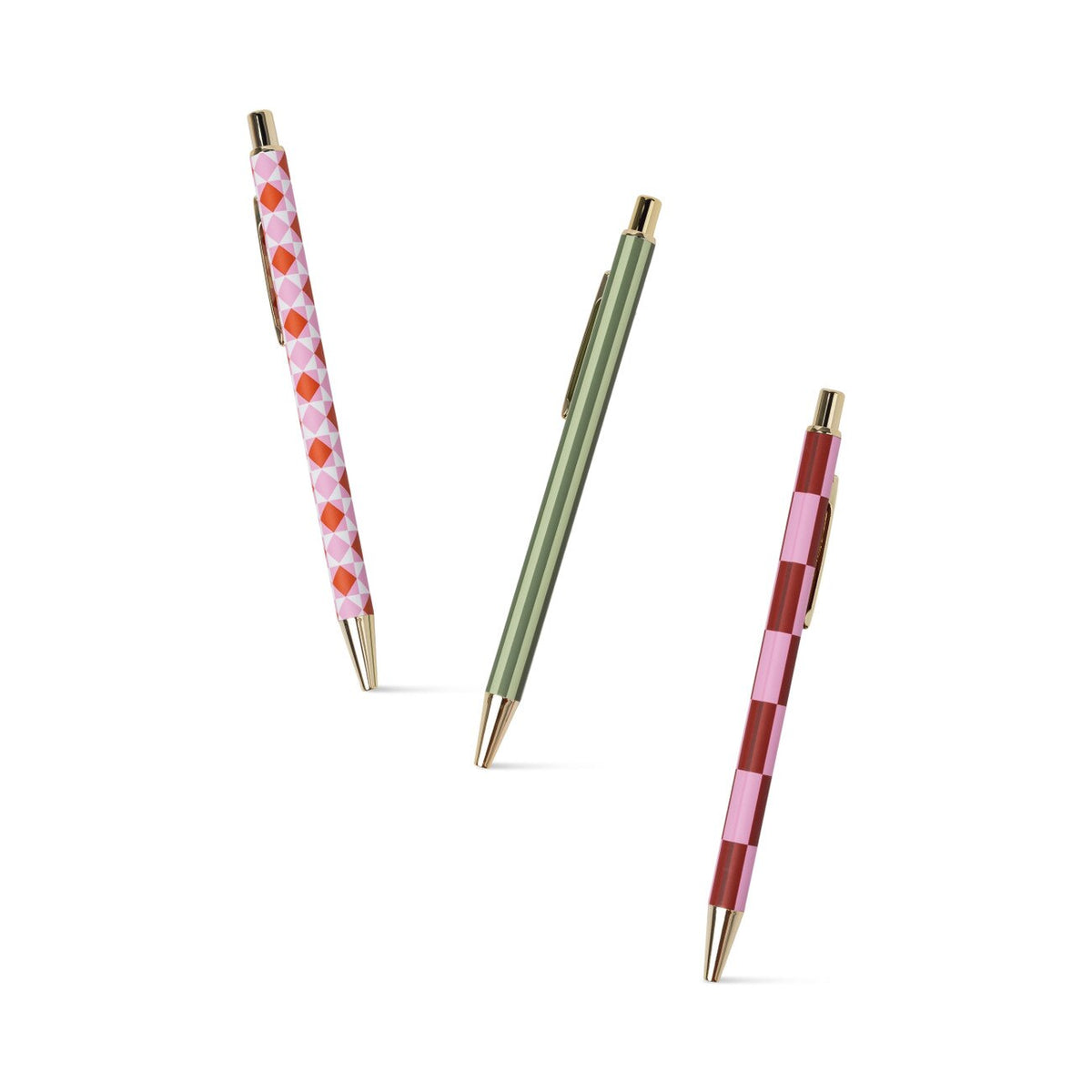 The three A Dopo pens out of the pack, showing the diamond, sage stripe and check barrels with gold-tone clips