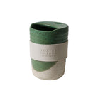 Green 350ml travel mug with lid and Robert Gordon silicone band, white background