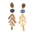 Euro Gold leaf earrings with blue sapphire-style gems on black background