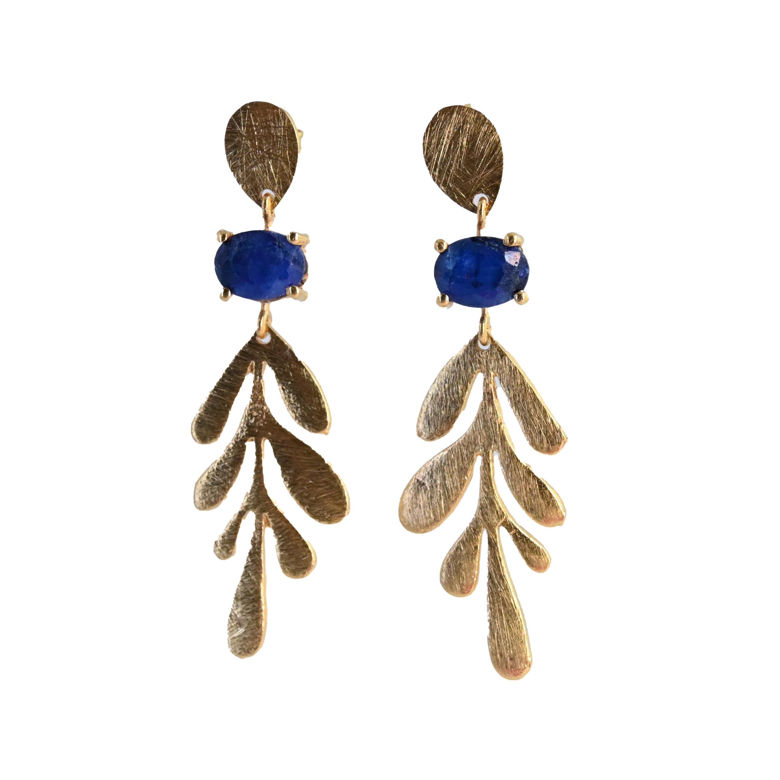 Brushed Euro Gold leaf earrings with deep lapis-blue oval gems
