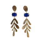 Euro Gold leaf earrings with royal-blue gems shown on black background