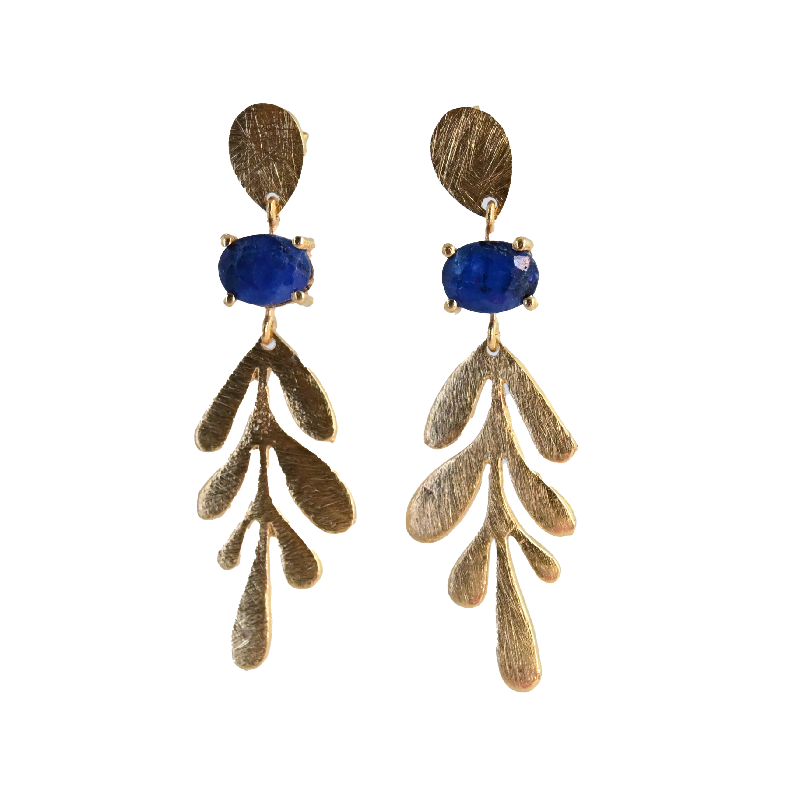 Euro Gold leaf earrings with royal-blue gems shown on black background
