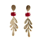 Brushed Euro Gold leaf earrings with ruby-red oval gems