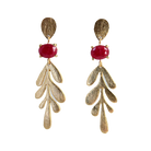 Euro Gold leaf earrings with ruby-red gems shown on black background
