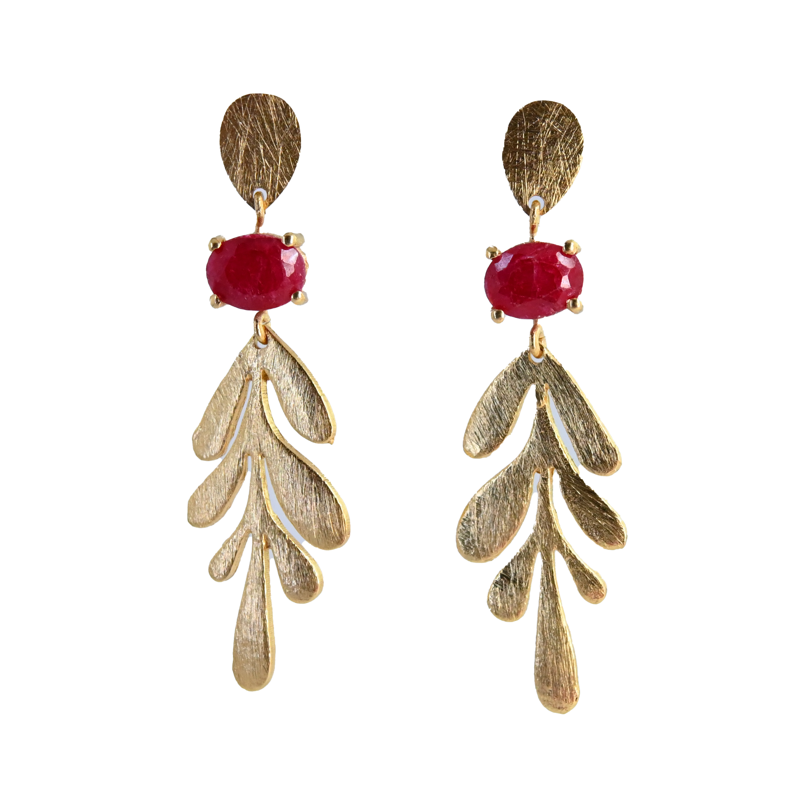Euro Gold leaf earrings with ruby-red gems shown on black background
