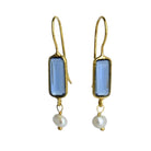 Euro Gold earrings with deep blue London topaz bars and freshwater pearl drops