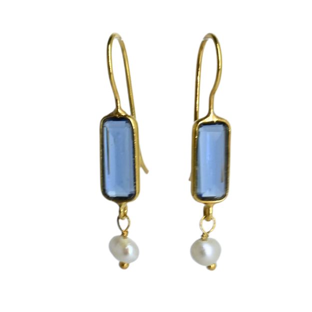 Euro Gold earrings with deep blue London topaz bars and freshwater pearl drops
