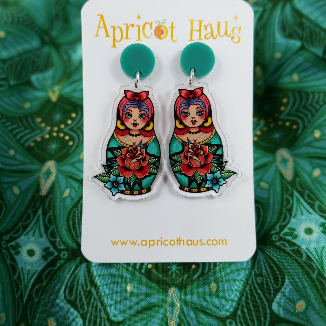 Apricot Haus Matryoshka Earrings on branded backing card