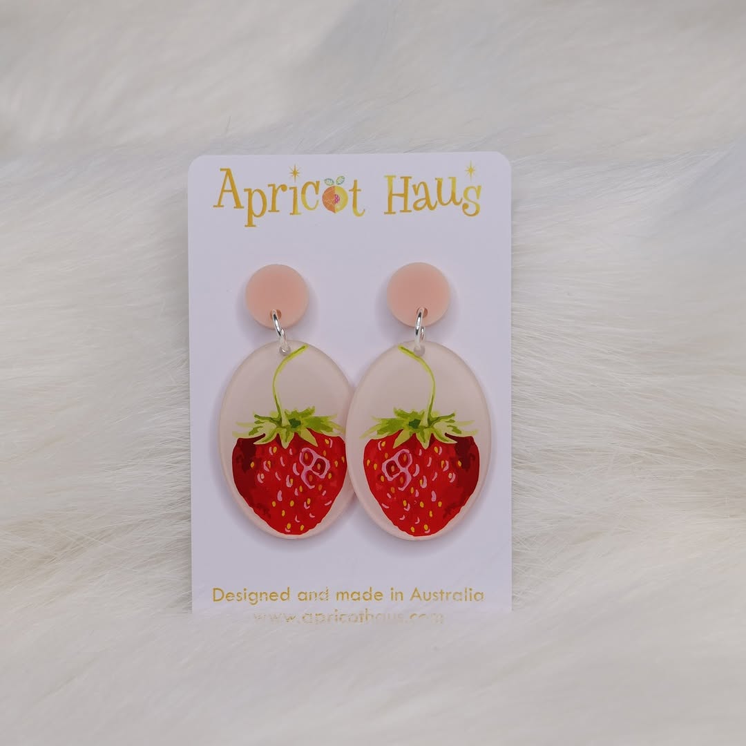 Apricot Haus Strawberries Earrings on branded backing card