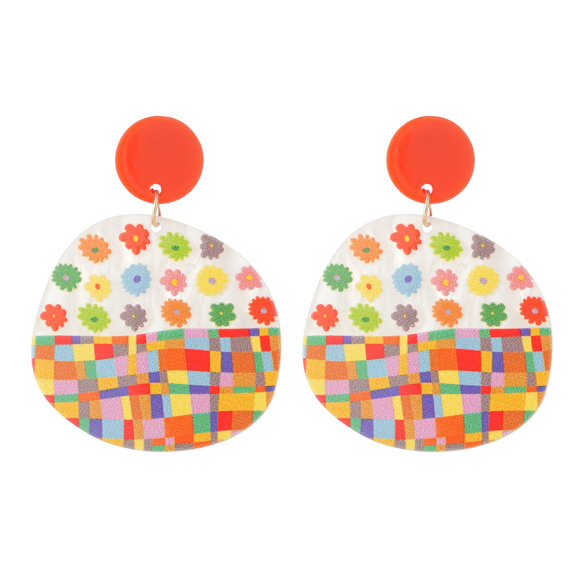 Drop earrings with an orange-red disc stud and a rounded panel printed with colourful flowers and checks