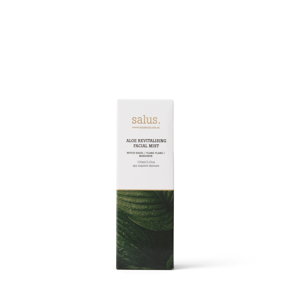 Salus Aloe Revitalising Facial Mist box, white with a band of green aloe leaves