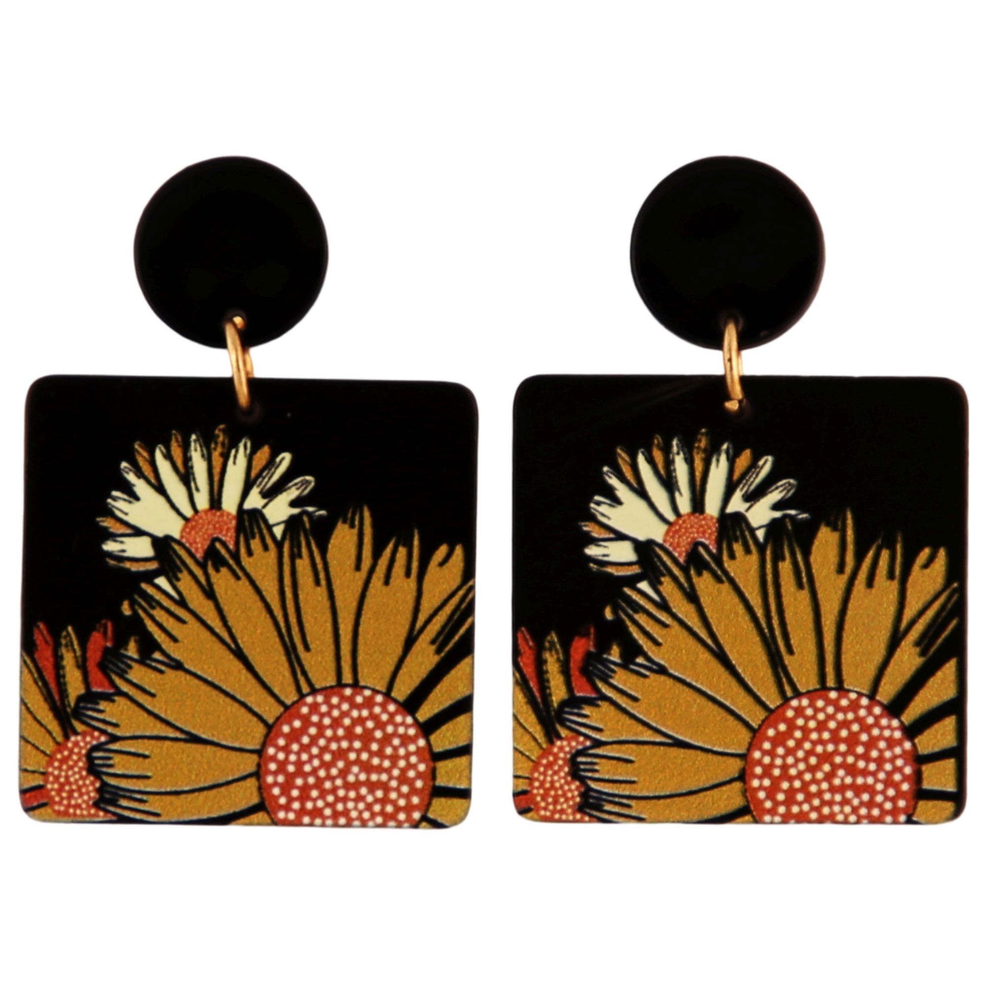 Drop earrings with a black disc stud and a square panel printed with gold and cream sunflowers