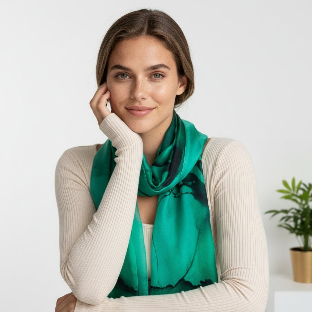 Aqua Mirage cotton modal scarf worn around the neck over a cream top
