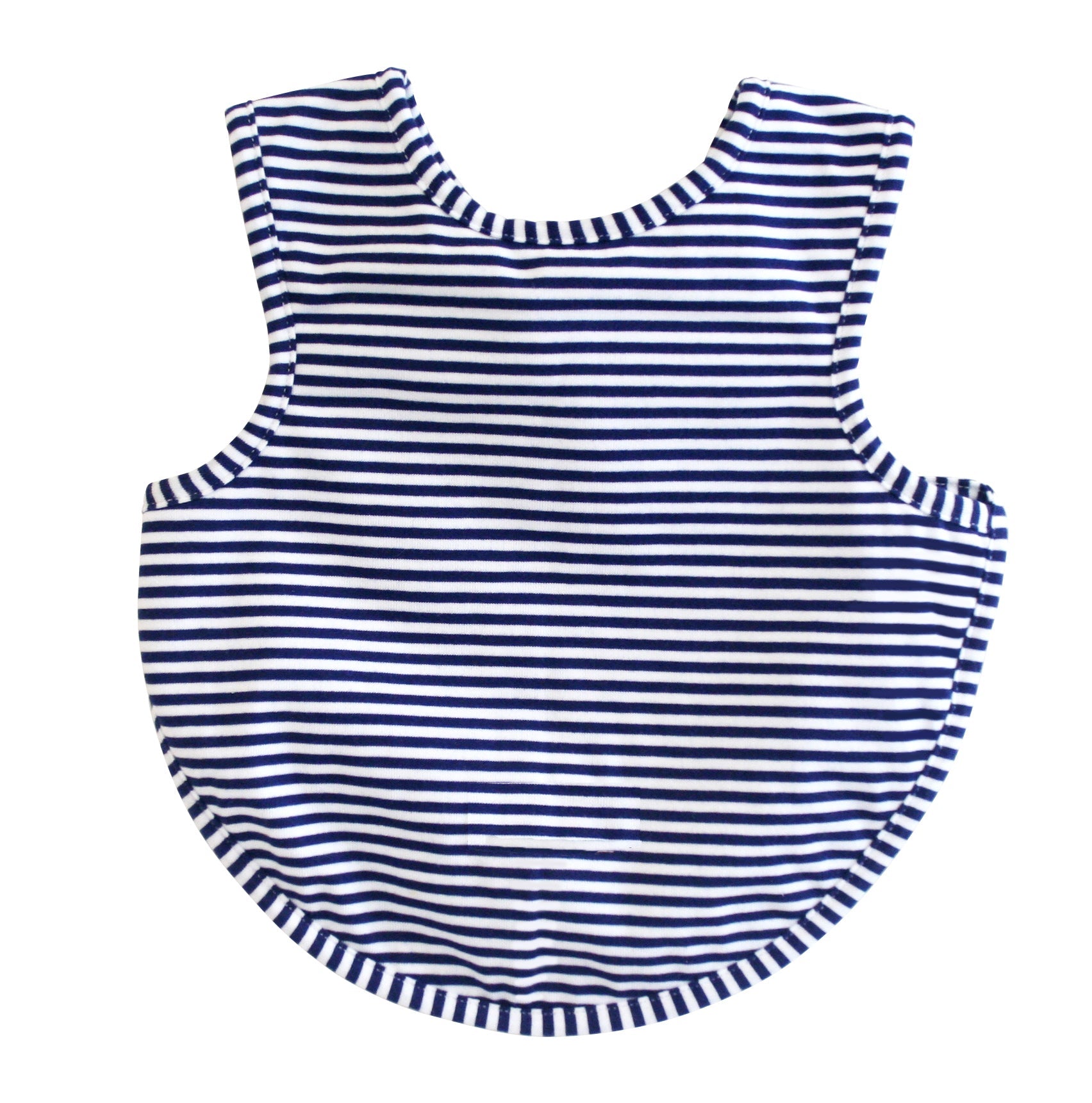 Navy and white striped toddler bib with arm holes and a rounded hem, front view