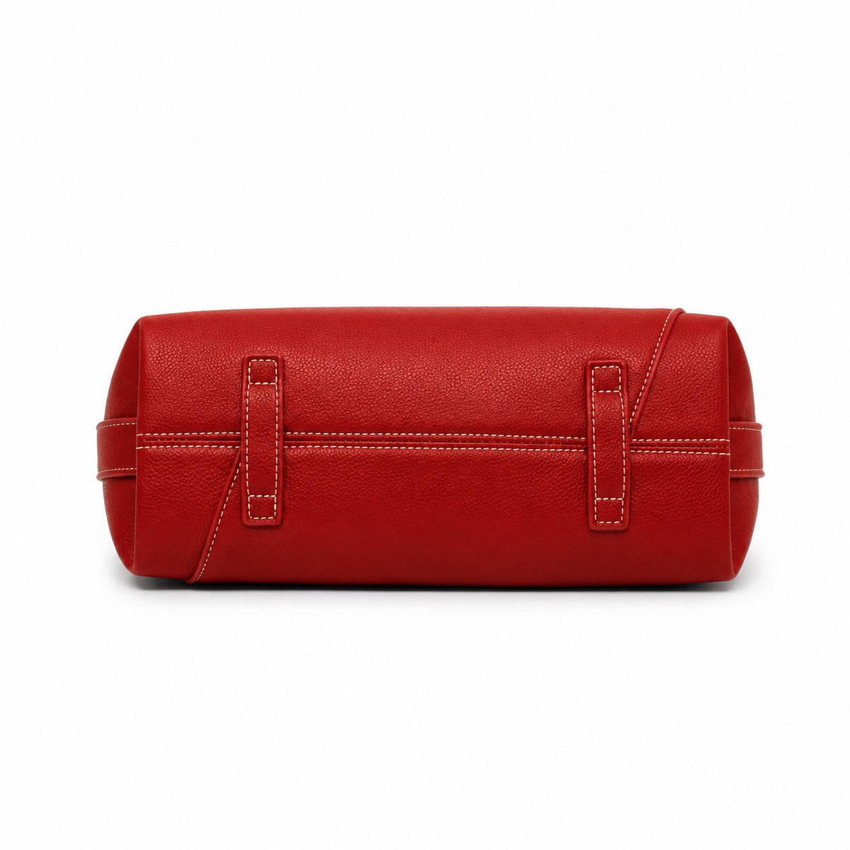 The base of the red shoulder bag, with stitched tabs at each end.