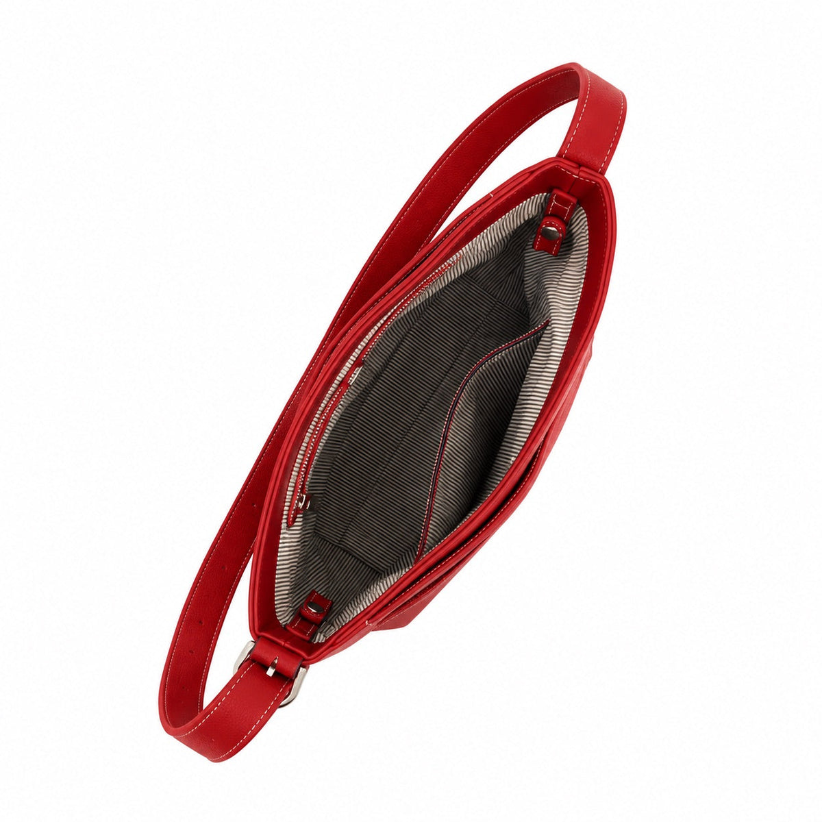 The red shoulder bag open from above, showing a striped lining and a zipped inside pocket.