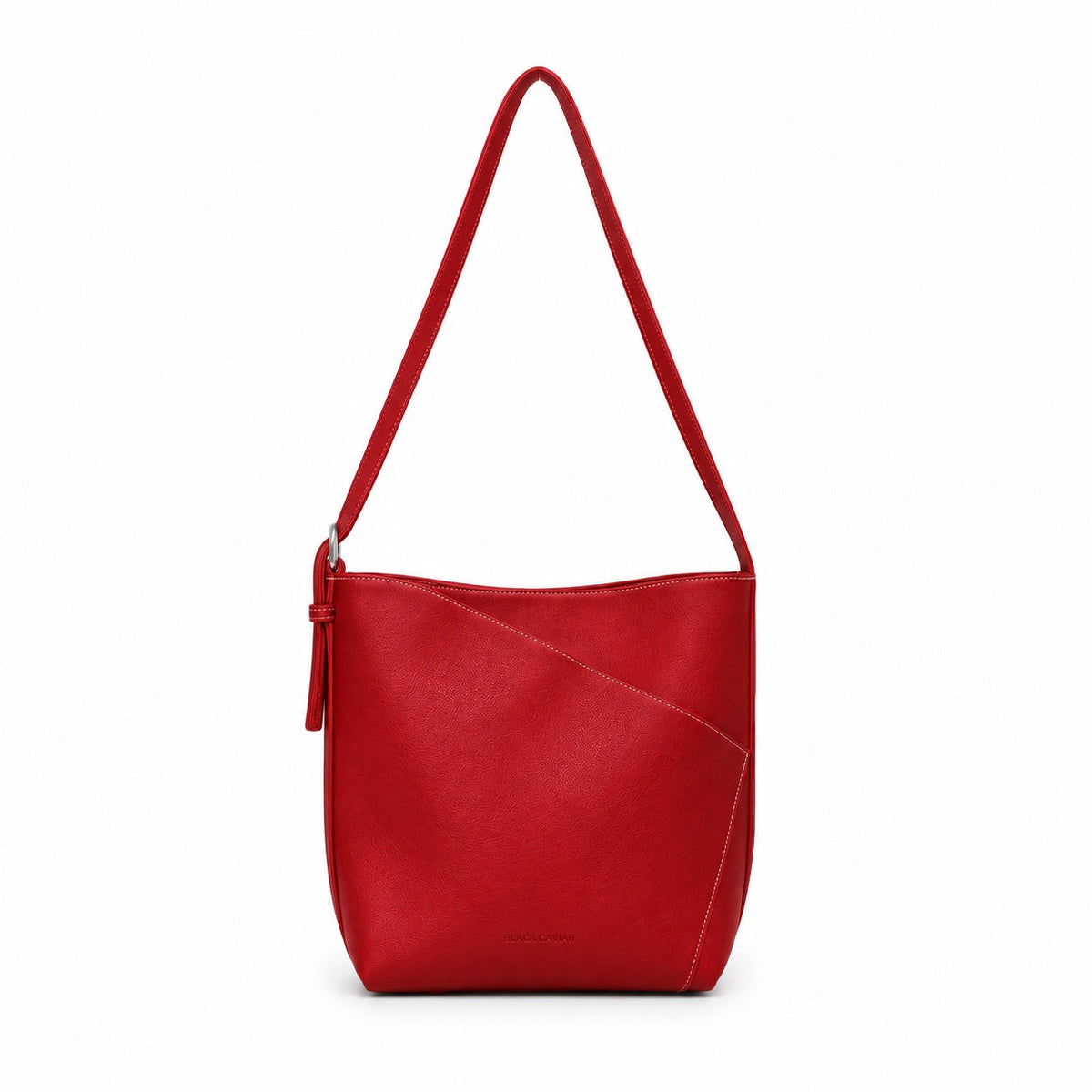 The red shoulder bag square on, with the strap buckled at one side.