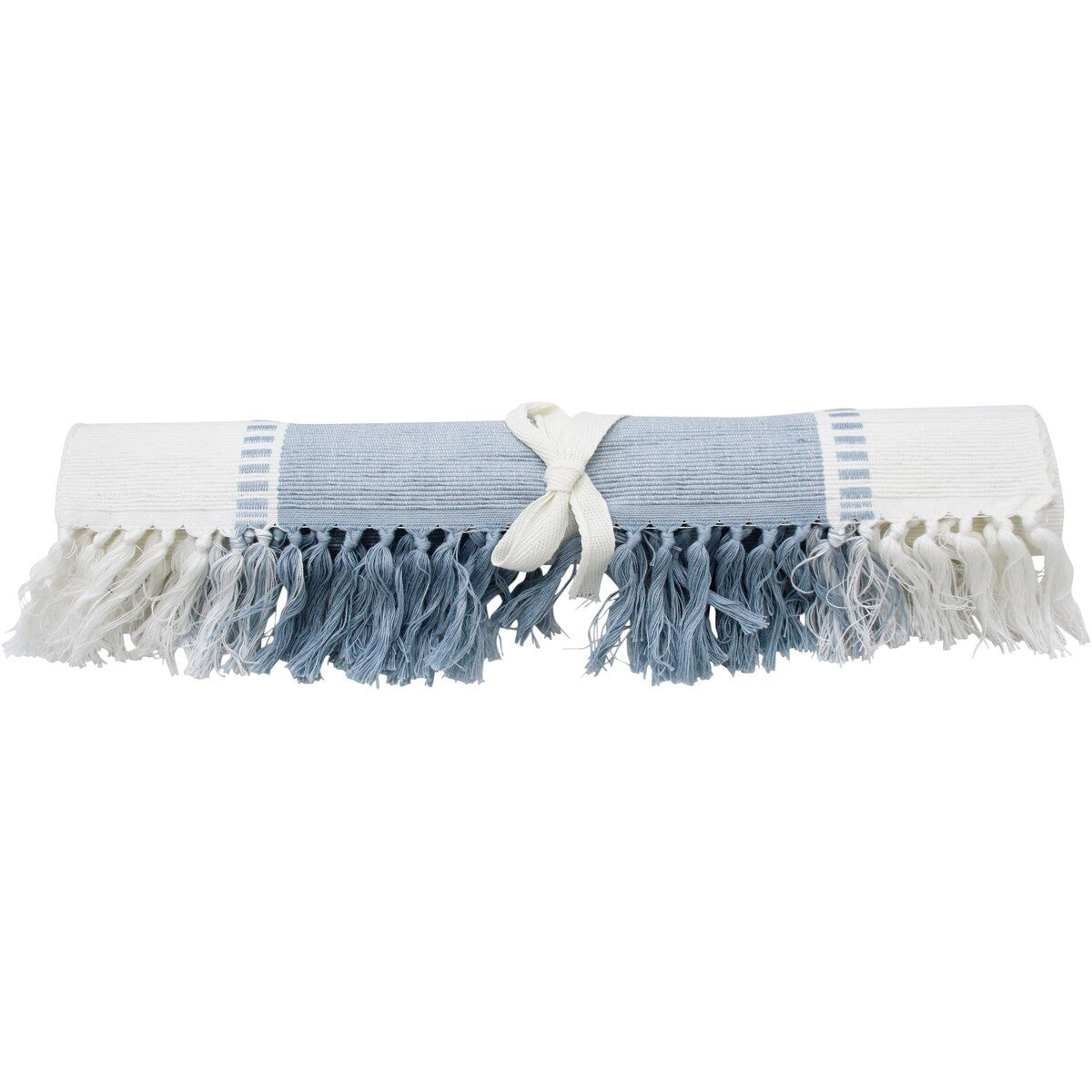 Chambray Blue table runner rolled and tied with a cream ribbon
