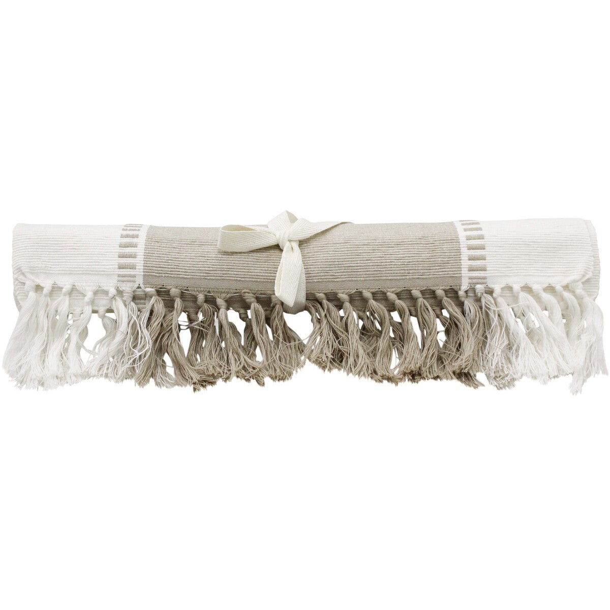 Natural table runner rolled and tied with a cream ribbon