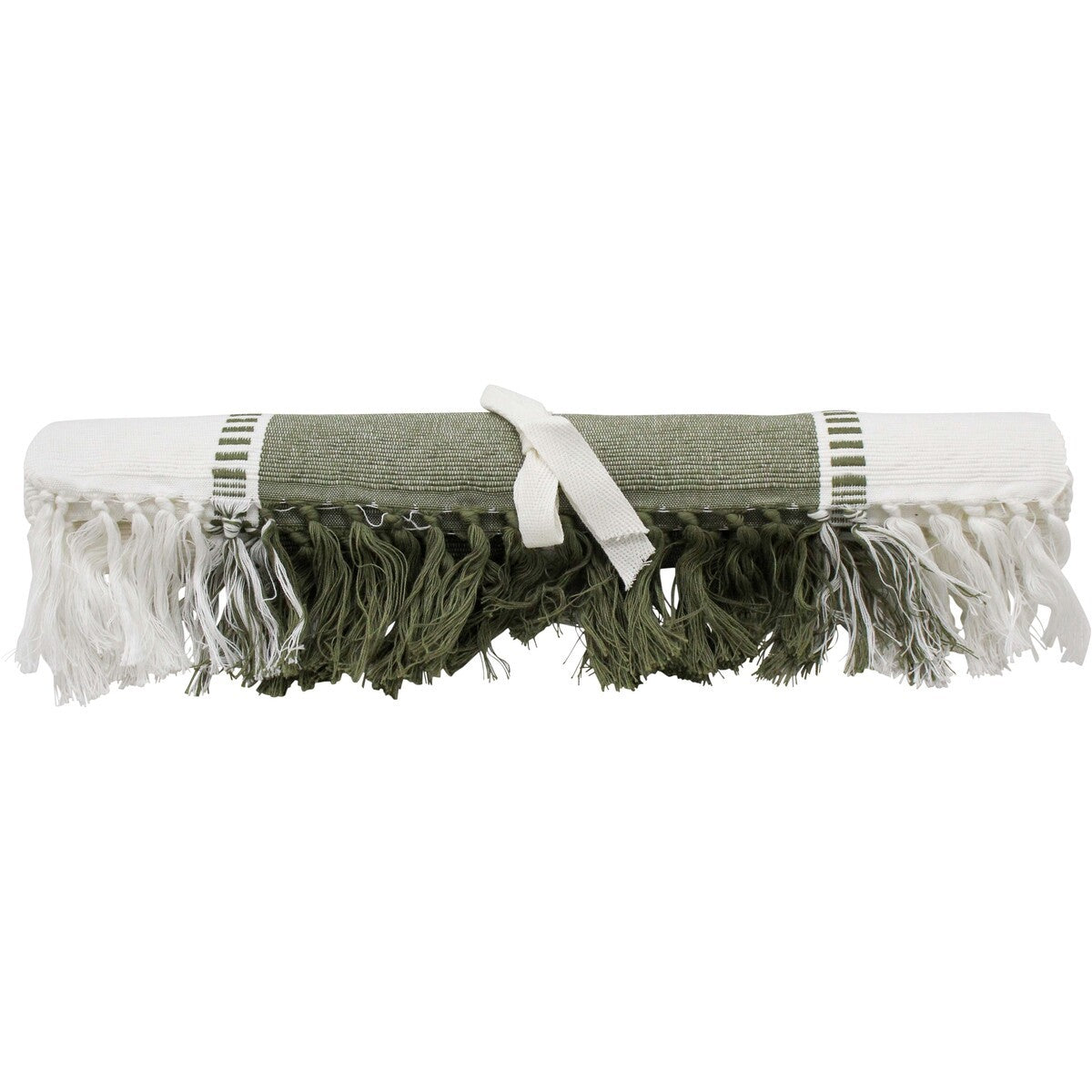 Olive table runner rolled and tied with a cream ribbon