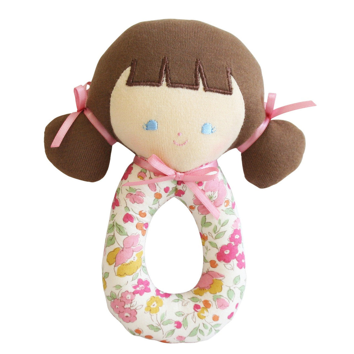 Audrey grab rattle with brown bunches tied in pink ribbon and a pink and yellow floral ring handle, front view