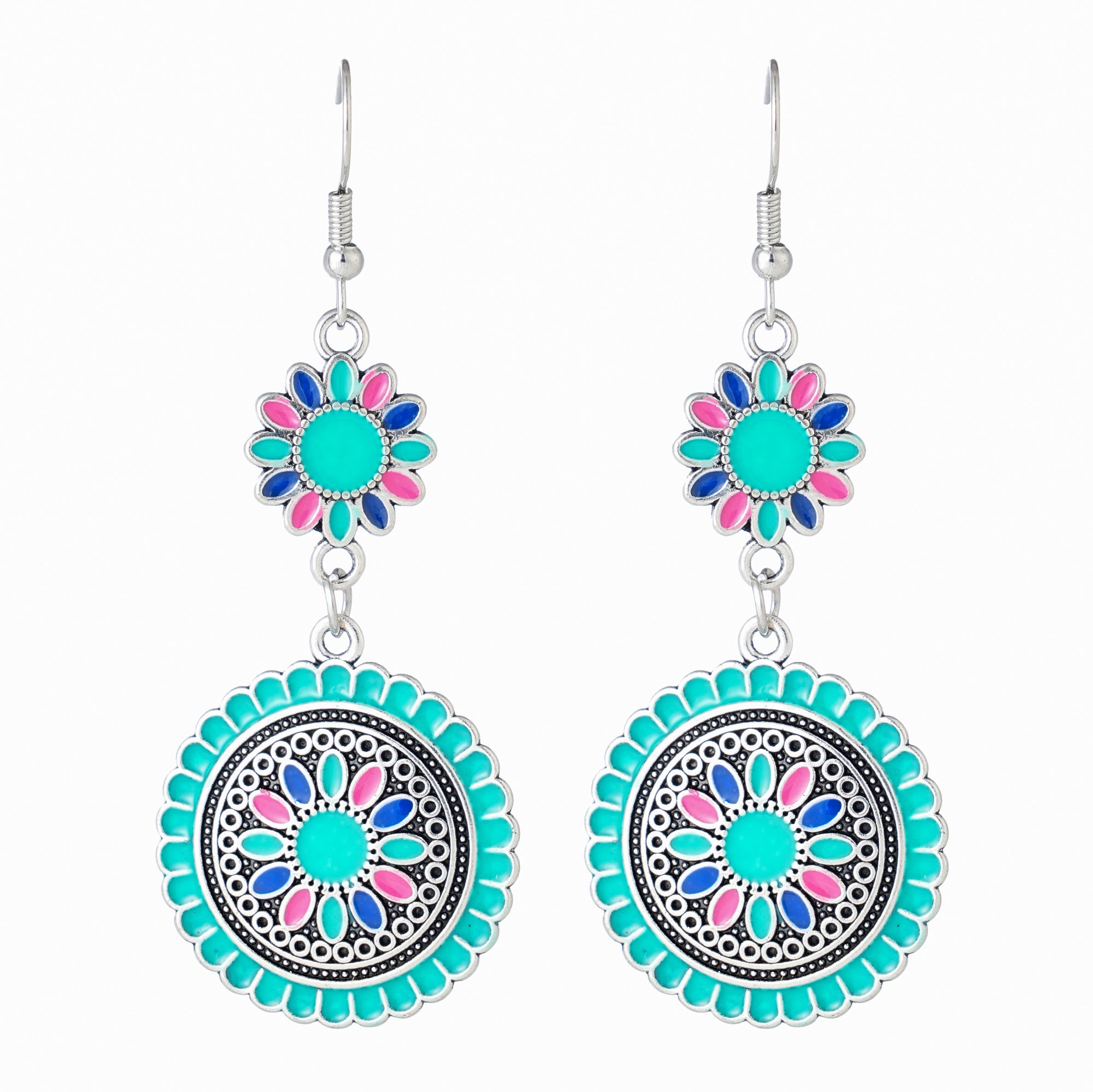 Silver hook earrings with an aqua, pink and blue enamel flower above a beaded circular drop