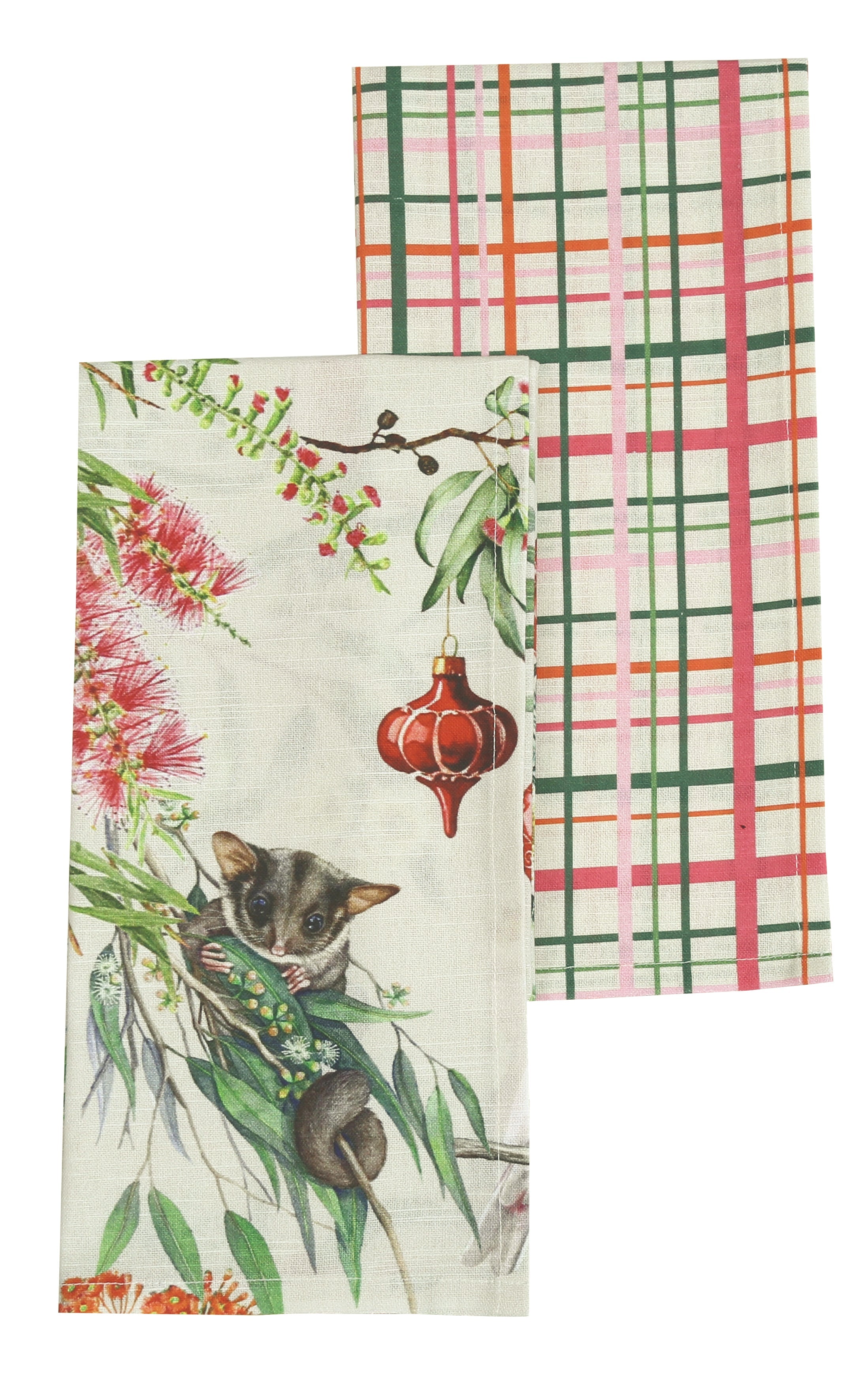 Australian Flora and Fauna tea towel pair: a possum, bottlebrush, gum blossom and bauble print on cream and a green, pink, red and orange plaid