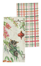 Australian Flora and Fauna tea towel pair: a possum, bottlebrush, gum blossom and bauble print on cream and a green, pink, red and orange plaid