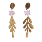 Brushed Euro Gold leaf earrings with pale pink oval gems