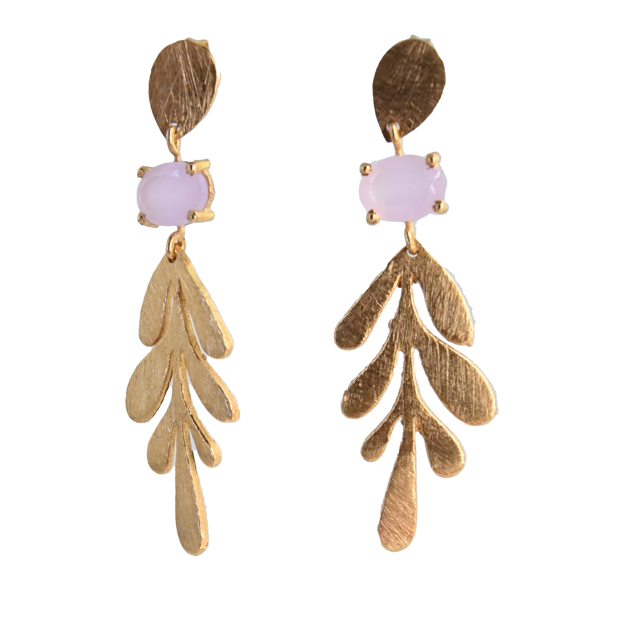 Euro Gold leaf earrings with soft lilac-pink gems on black background