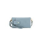 The pale blue wallet from the front, showing the press-stud tab and wrist strap.