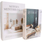 Front covers of the Modern Mediterranean and Retreat book boxes standing upright