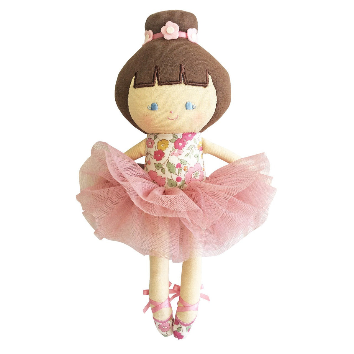 Baby ballerina doll with a brown bob and top knot, floral bodice and pink tulle tutu, front view
