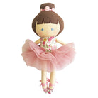Baby ballerina doll with a brown bob and top knot, floral bodice and pink tulle tutu, front view
