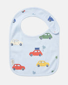 Toshi Arcadia Big Mini baby bib in pale blue cotton printed with colourful vintage cars and palm trees