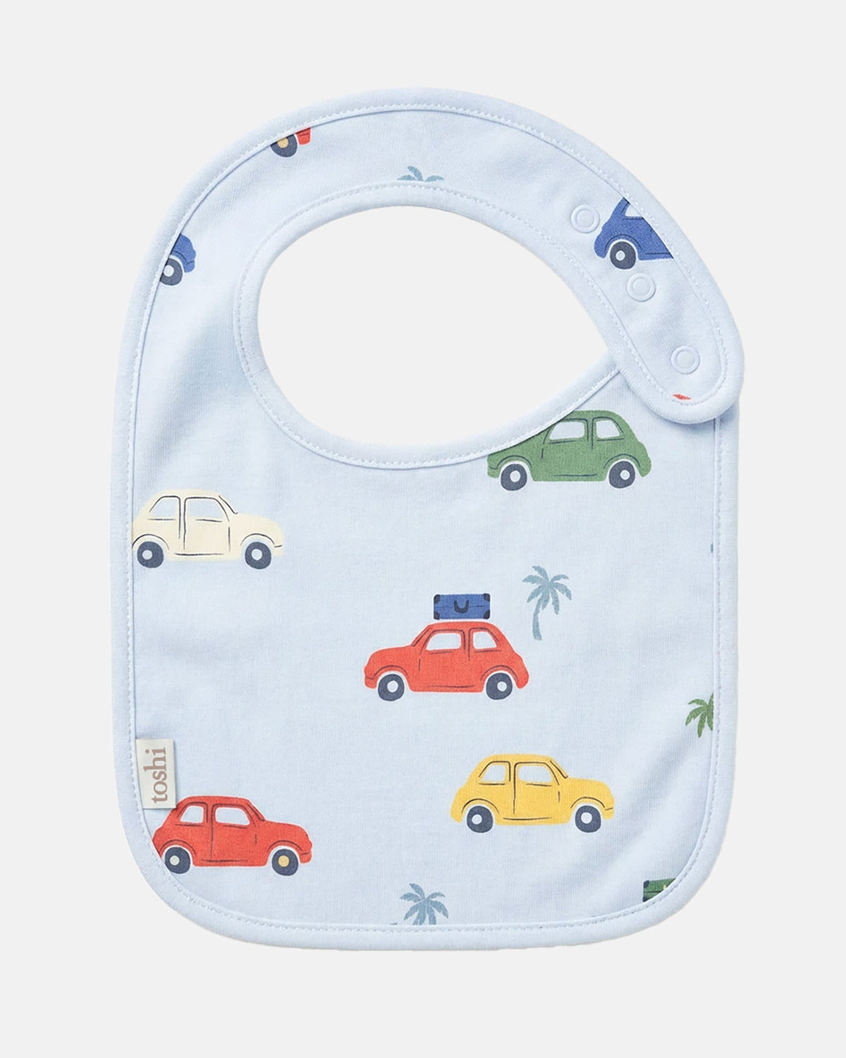 Toshi Arcadia Big Mini baby bib in pale blue cotton printed with colourful vintage cars and palm trees