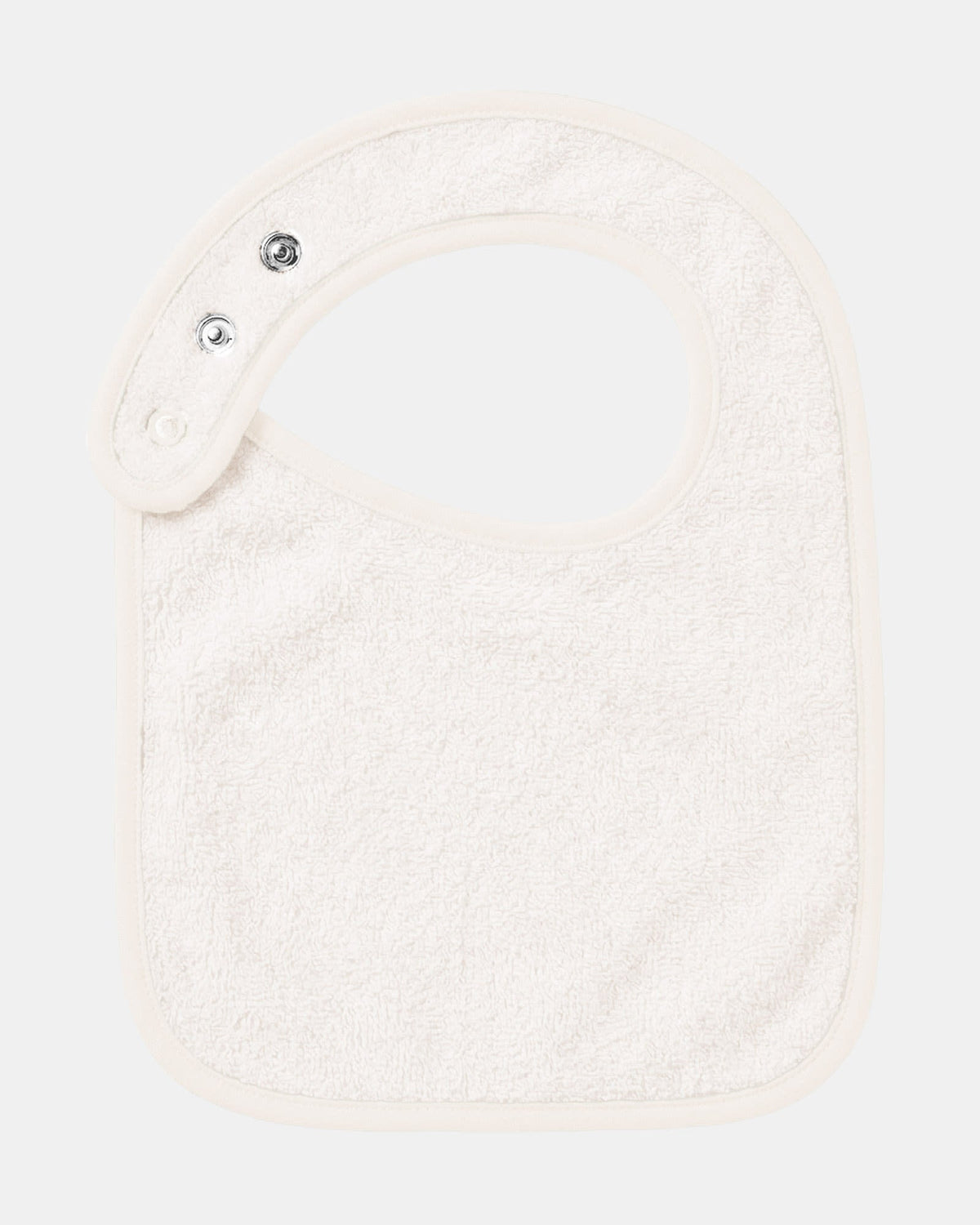 Back of the Gumnut Babies bib showing its cream cotton towelling lining and press studs
