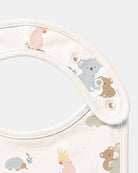 Close-up of the press-stud neck tab with the koala and cockatoo print