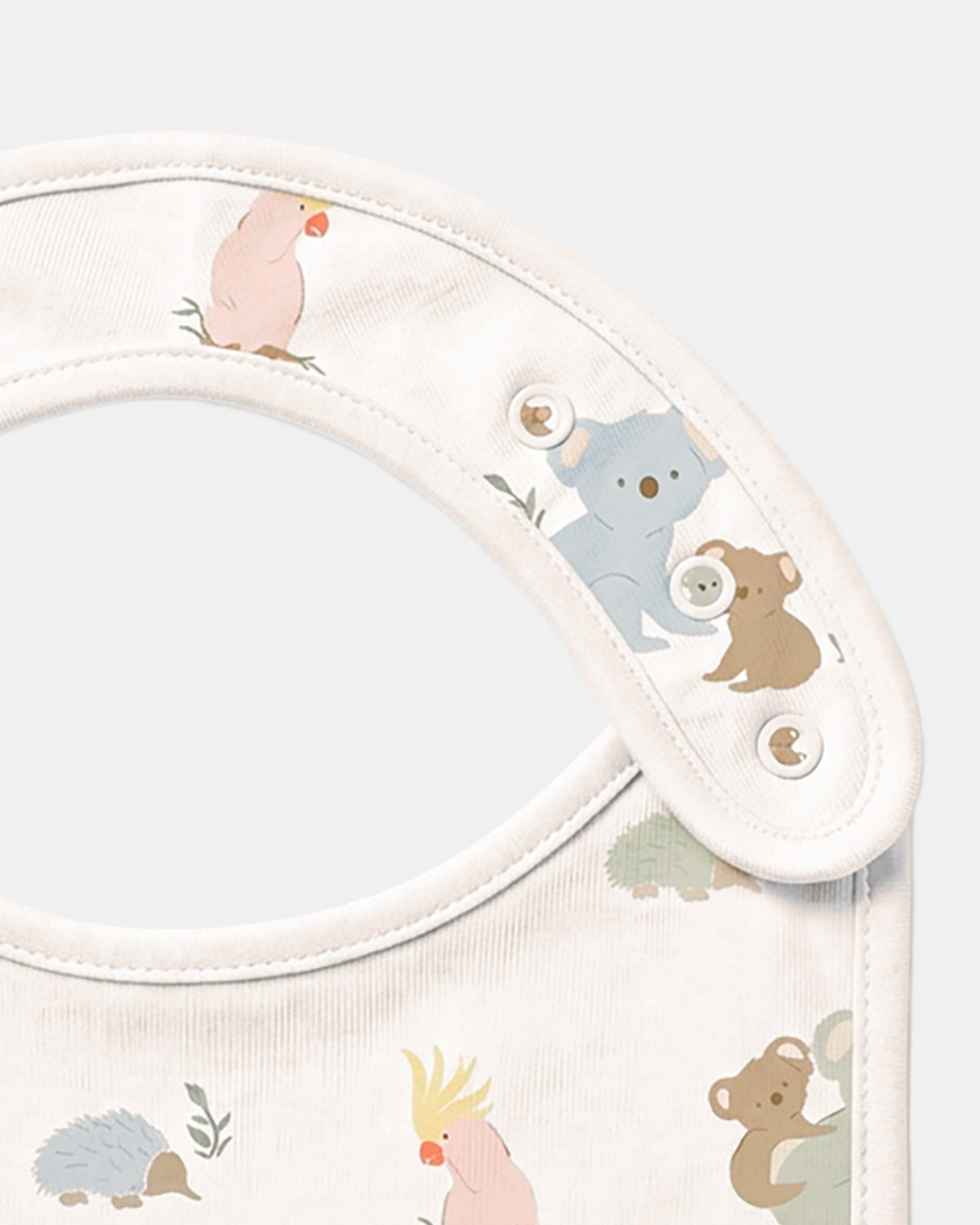 Close-up of the press-stud neck tab with the koala and cockatoo print