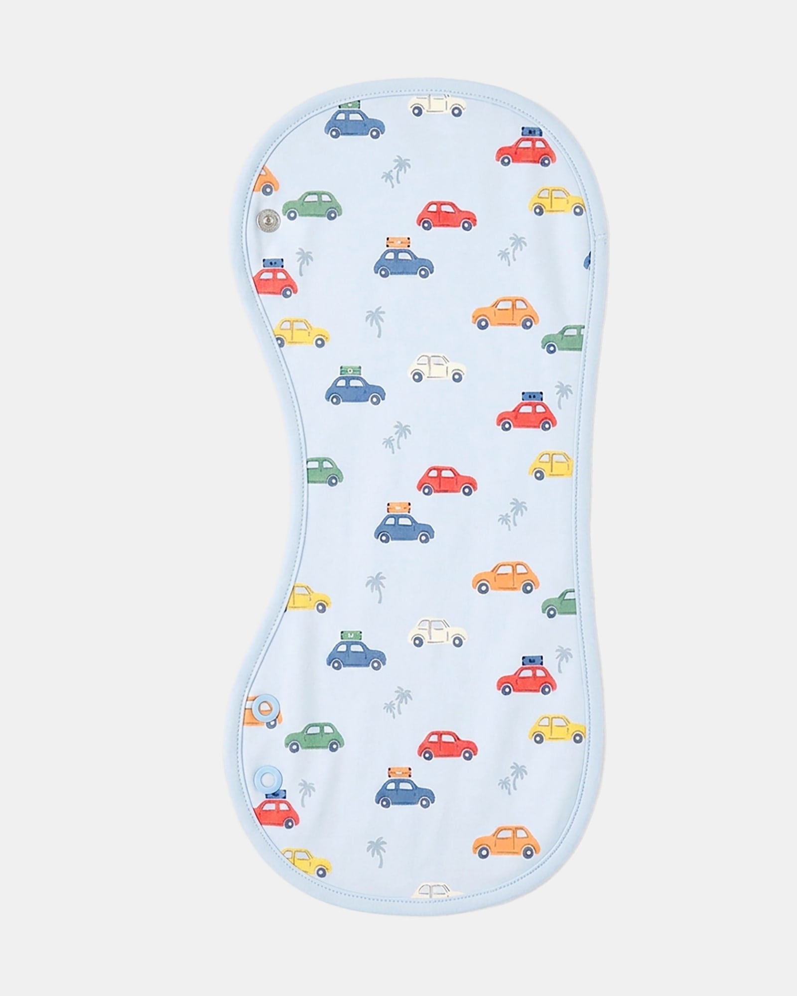 Toshi Arcadia Big Mini burp cloth, a long curved pale blue cotton cloth printed with colourful vintage cars and palm trees