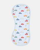 Toshi Arcadia Big Mini burp cloth, a long curved pale blue cotton cloth printed with colourful vintage cars and palm trees