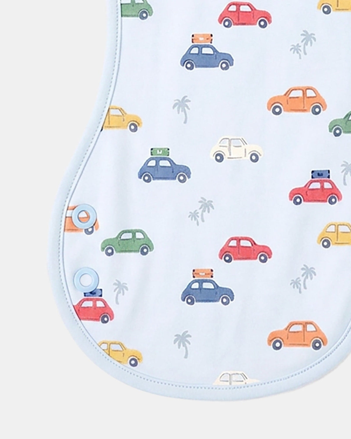 Close-up of the car print and pale blue edging