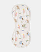 Toshi Arcadia Gumnut Babies burp cloth, a long curved cream cotton cloth printed with koalas, cockatoos and echidnas
