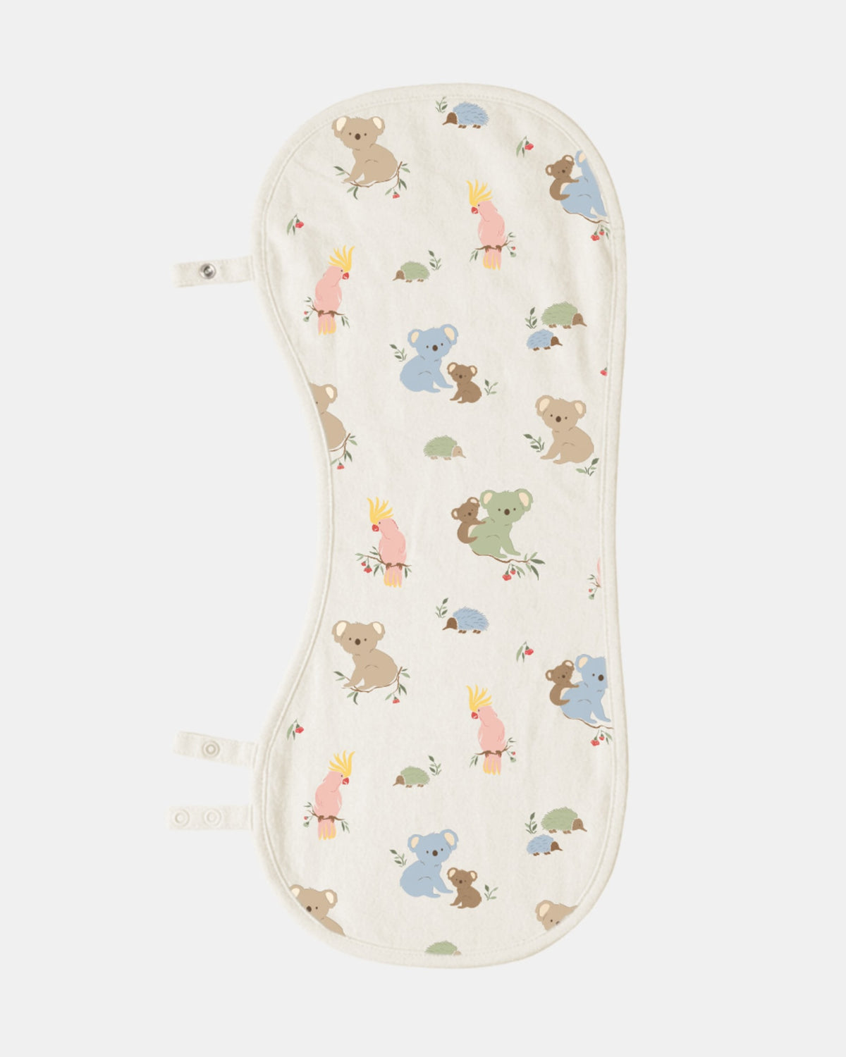 The burp cloth with its press-stud side tabs opened out