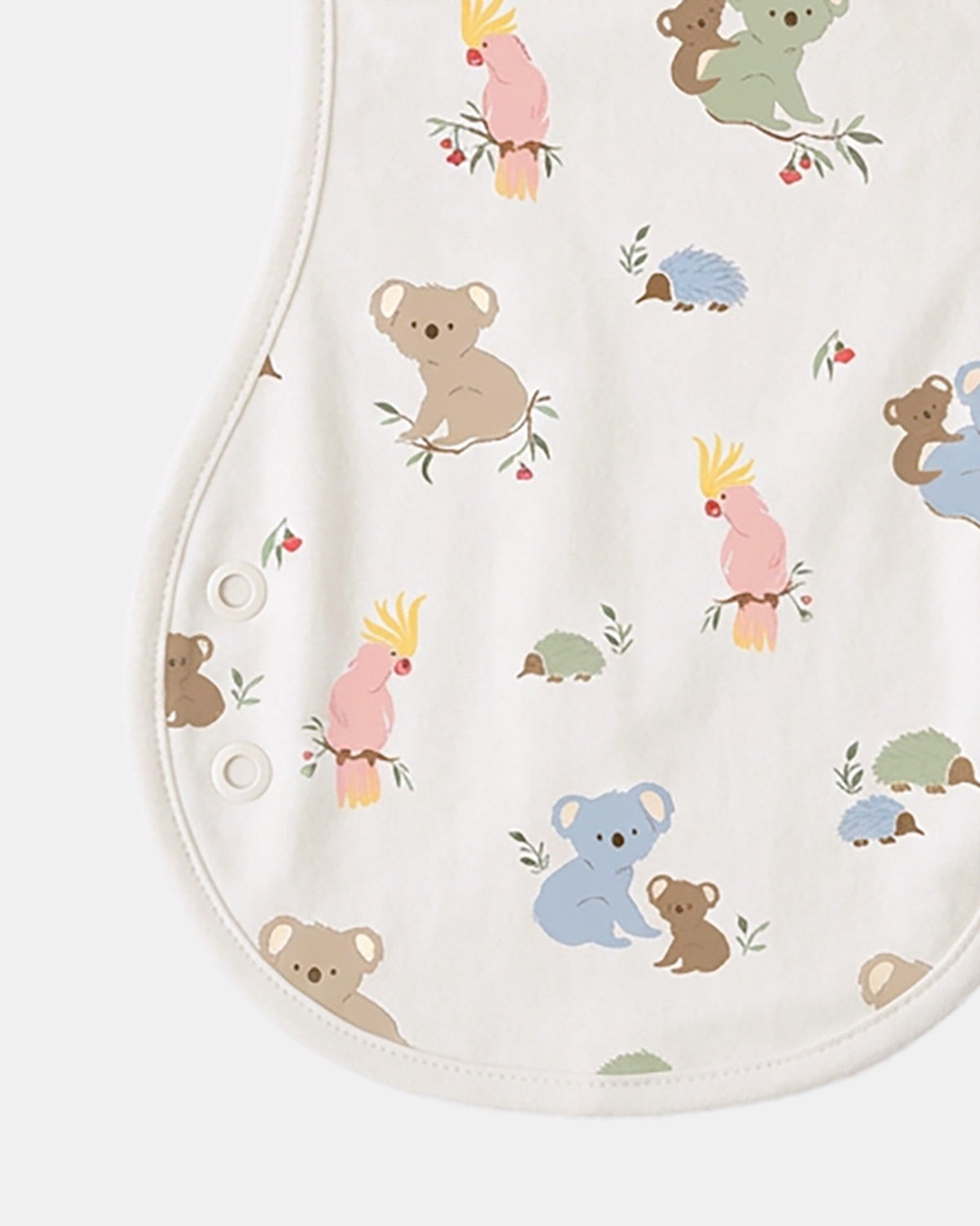 Close-up of the koala, cockatoo and echidna print beside the press studs